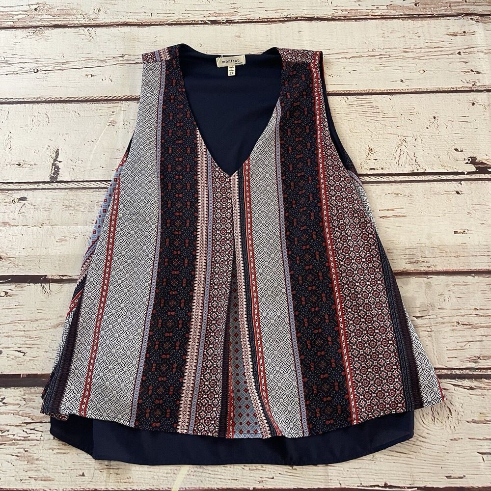 Monteau Trendy Plus‎ Size Layered Top Printed Top Red Blue Size 2XL Women's